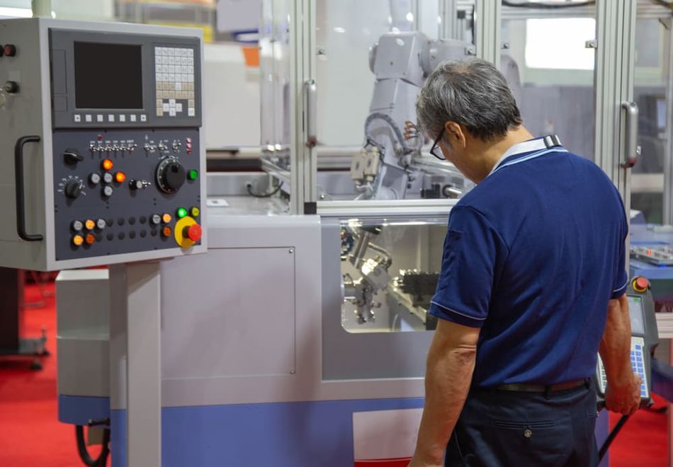 Man operating CNC robot arm