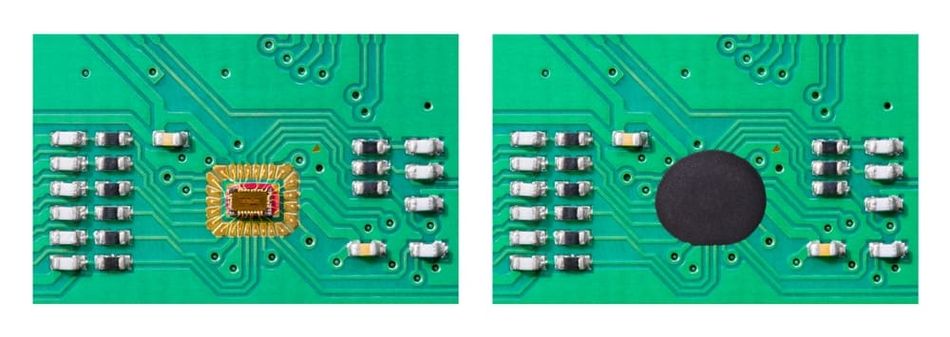 On a white background, two integrated circuits are shown up close on a green PCB with drops of black epoxy resin with chip dies bonded to electronic printed circuit boards using wire bonding.