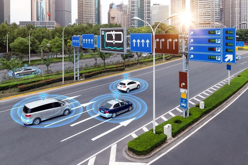 Autonomous self-driving mode vehicle on metro city road iot sensor radar signal system and internet sensor connect.