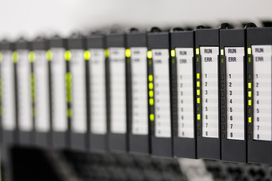 Programmable logic controllers installed in a control panel. 