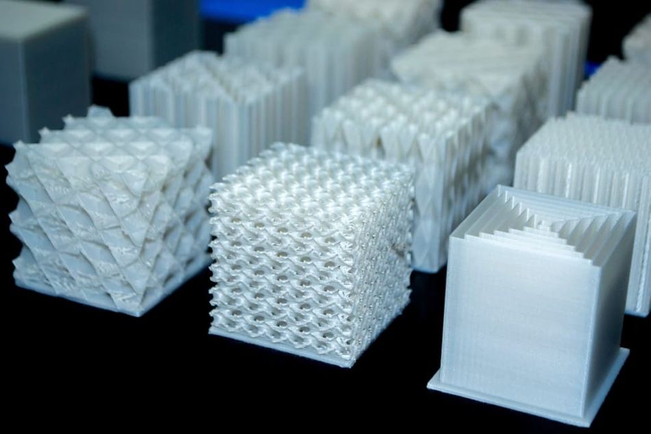 3D printed cubes with different infill patterns