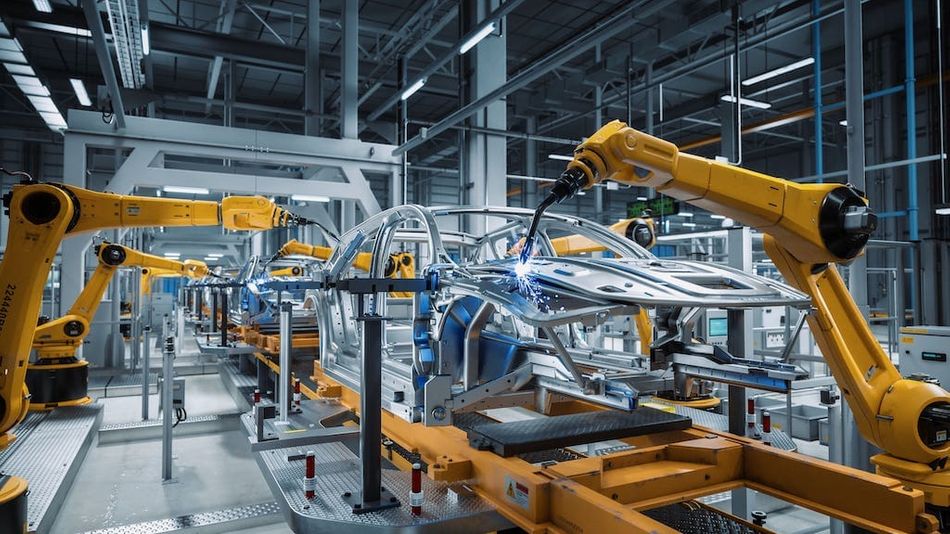 Robots welding in car factory