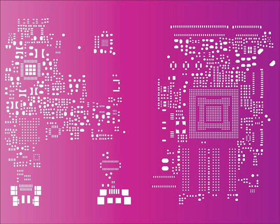 Arrangement of solder mask for IC chip components, utilizing white for solder paste on a magenta PCB background.