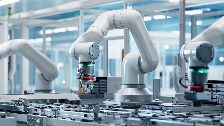 Advanced high-precision robot arm inside electronics factory.