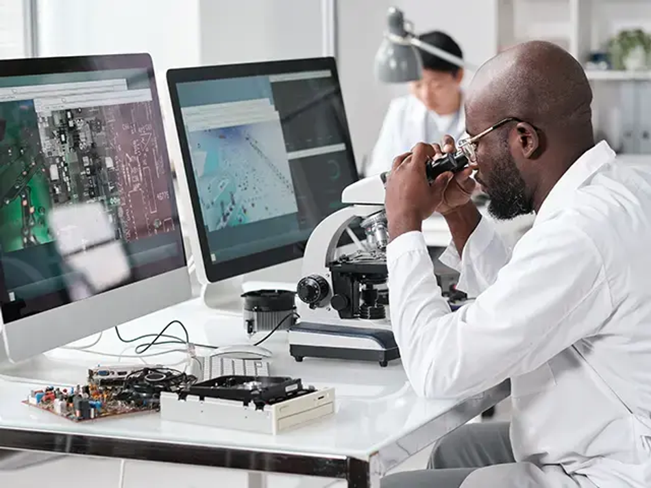 Male laboratory worker in whitecoat studying