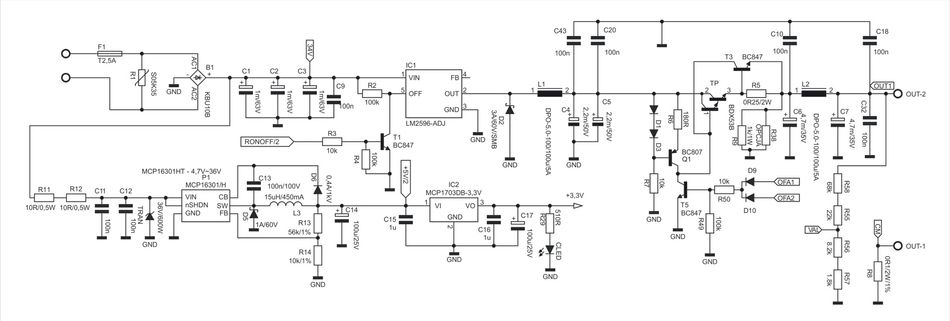 Illustration of an electronic device's schematic diagram, depicting an electrical scheme with integrated circuits, resistors, capacitors, diodes, LEDs, transistors, and various other essential components.