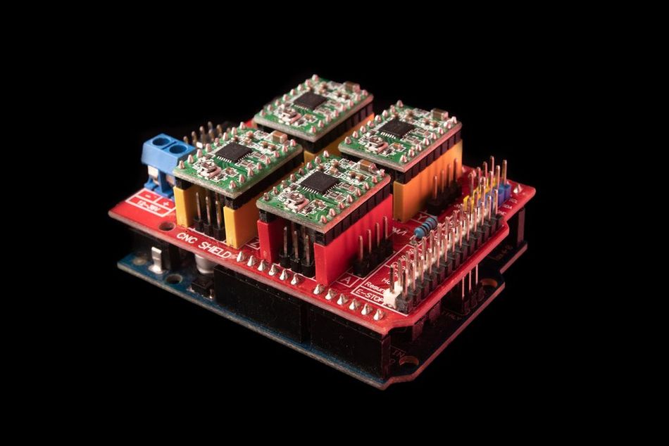 Mounted PCBs using header pin connectors.