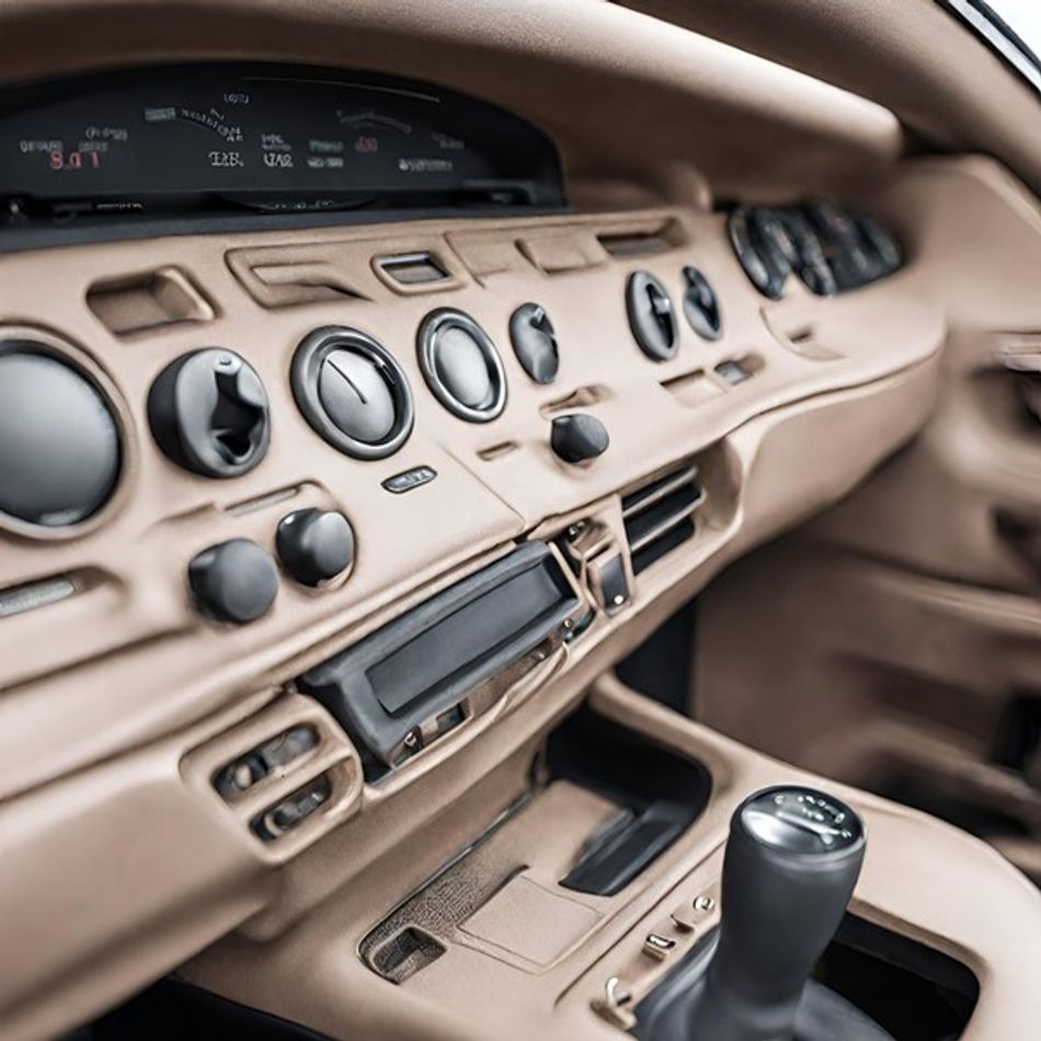 An image of a sleek, tan car dashboard created using an overmolding process. The dashboard features several control knobs, circular air vents, a digital display, and a manual transmission shifter in a close-up shot. 