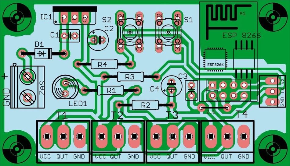 Ground plane shown in a lighter shade on a PCB