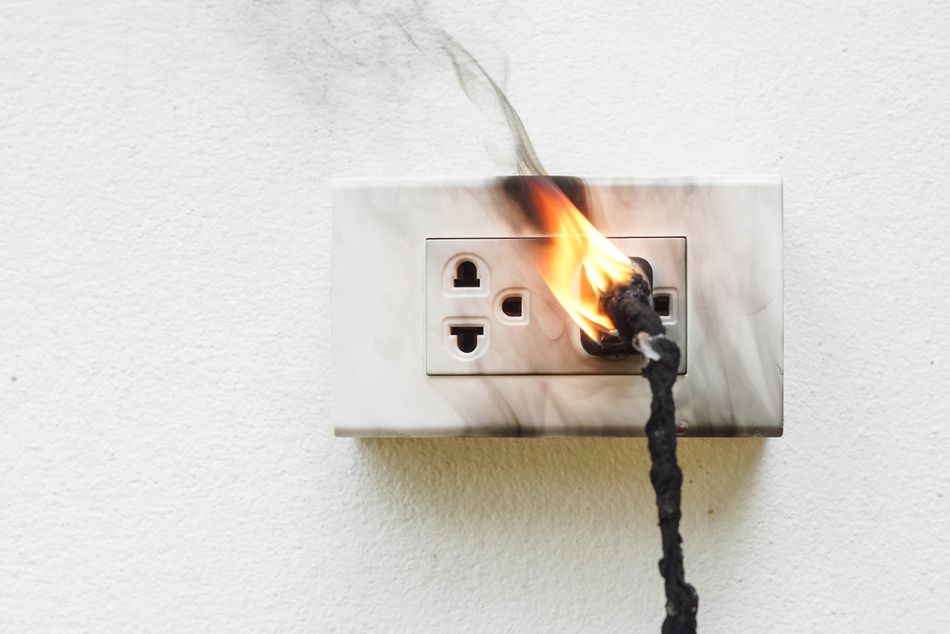 Electricity short circuit resulting in fire, and burnt wire
