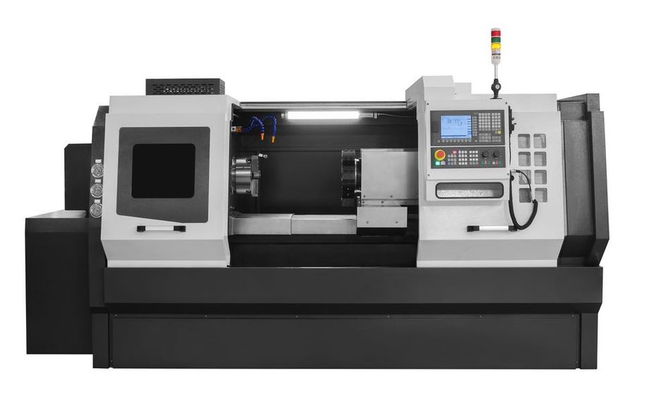 A modern programmable CNC lathe machine in various shades of black and white color featuring the display panel, valves and tools.