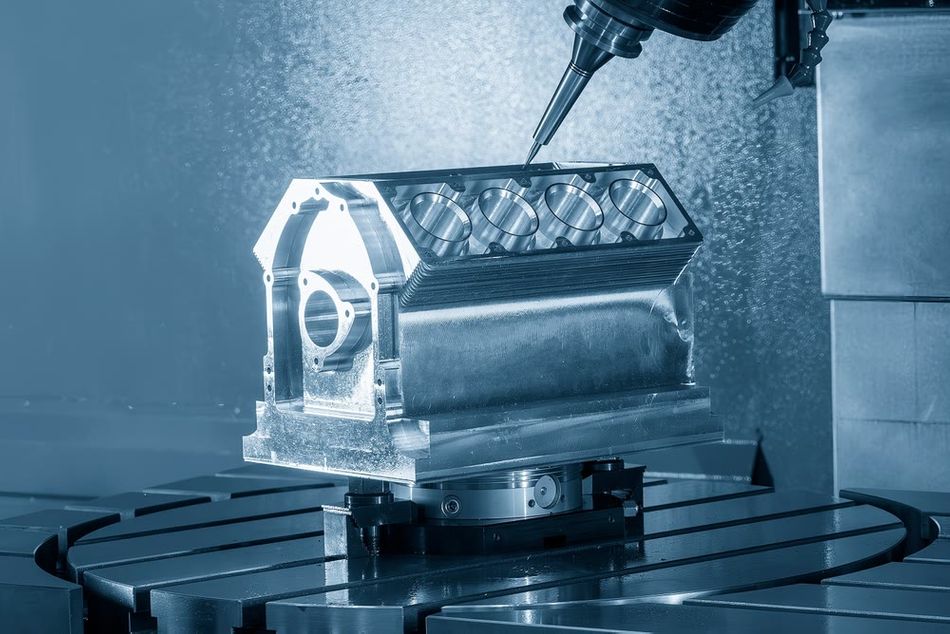 Image of a metal piece being precision-cut by a 5-axis CNC machine. The metal piece features intricate shapes of engine block and contains 5 holes.