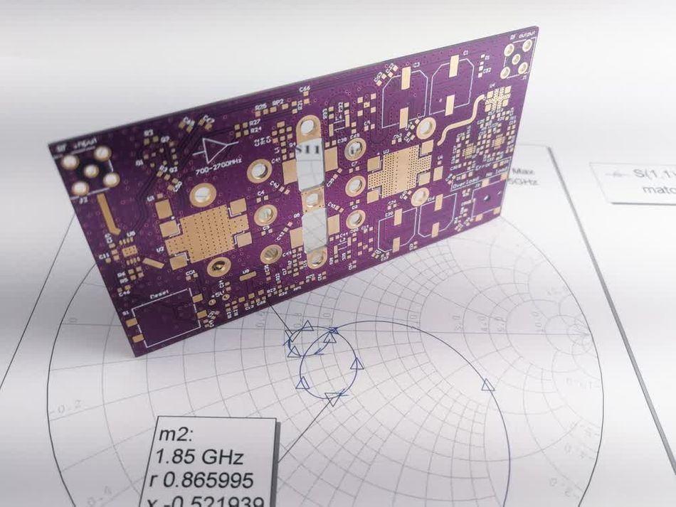 A high-frequency radio PCB featuring through-holes and vias