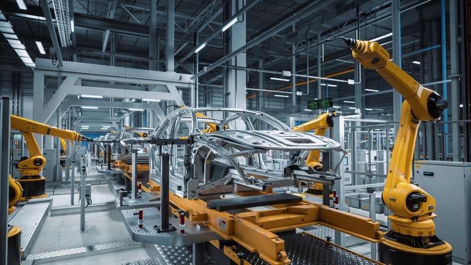 Automated Robot Arm Assembly Line Manufacturing Electric Vehicles