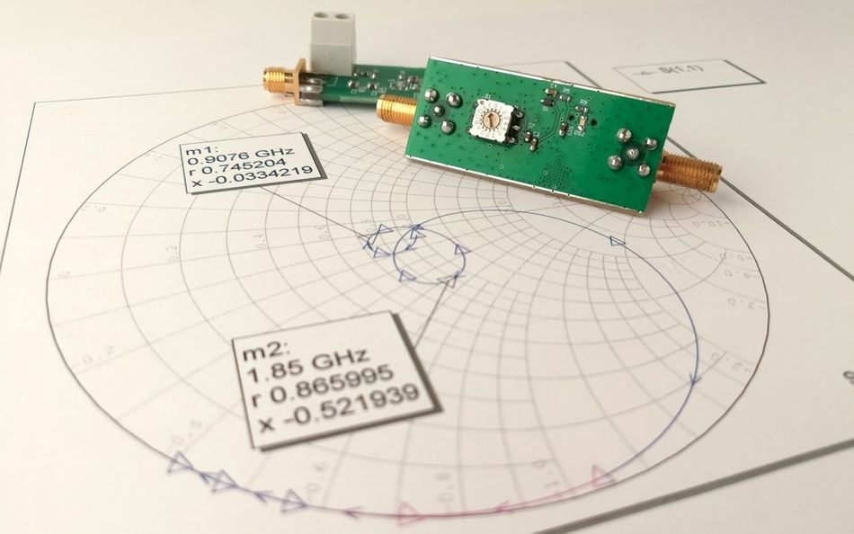 Radio frequency PCB on the Smith chart for impedance matching