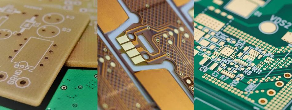 FR-4 (Left), Polyimide (Middle), PTFE (Right) Printed Circuit Boards