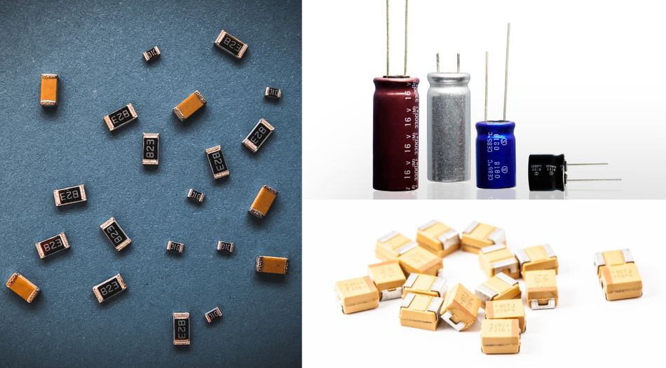 Ceramic (Left), Tantalum (Down, Right), Electrolytic (Top, Right) Capacitors