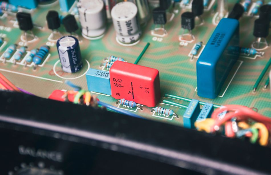 Polyester Film Capacitor on Electronic Circuit Board