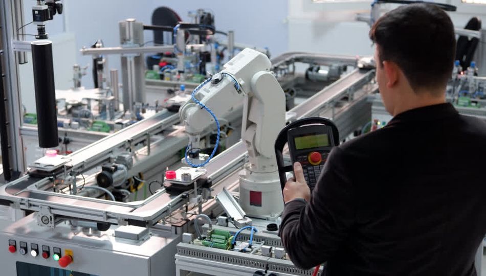 An operator uses a teach pendant to guide a robotic arm