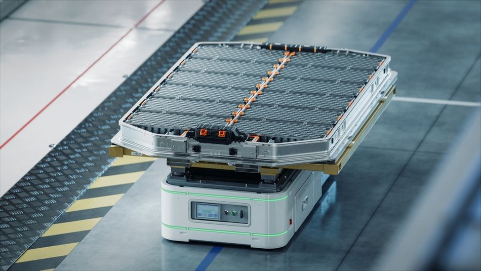 Autonomous AGV Transports Battery Pack on EV Production Line on Advanced Smart Factory