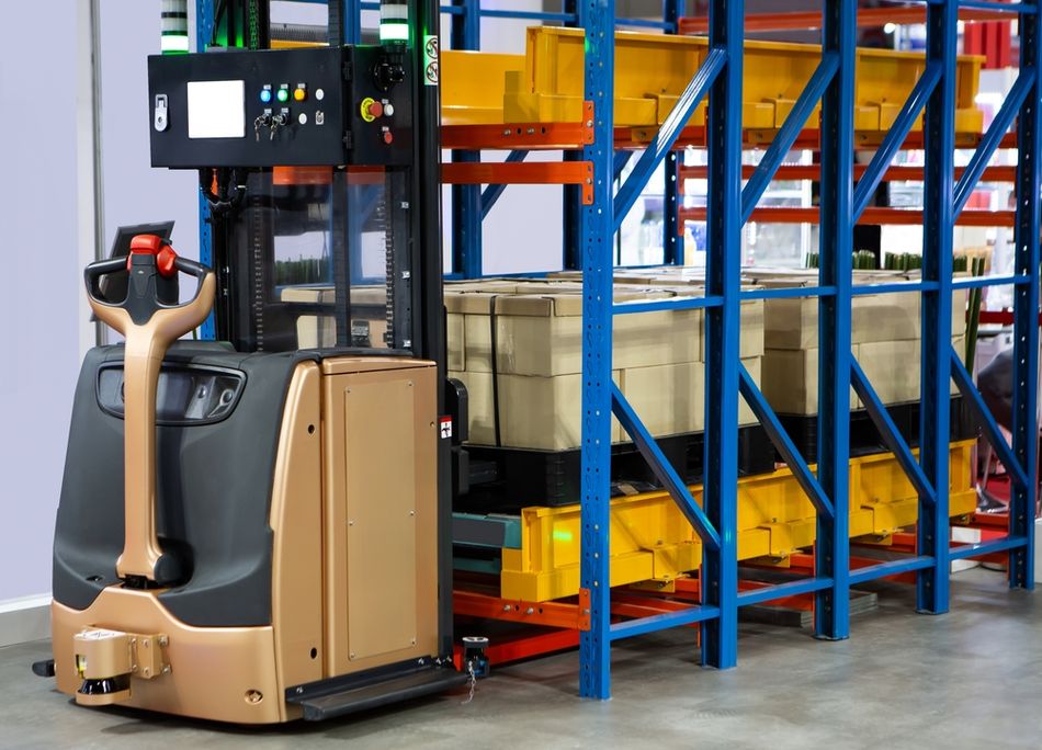 AGV Forklift Lifting Cartons in Modern Warehouse