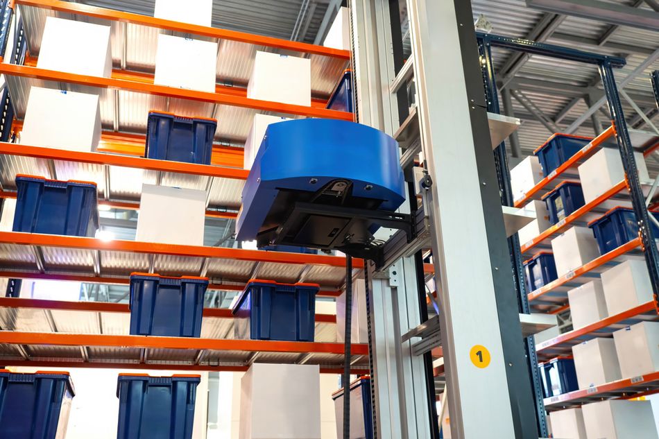 Warehouse Robot working on Autonomous Hydraulic Mechanism near Shelves