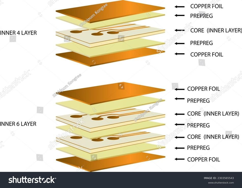 An image depicting the PCB production process for multi-layer boards, detailing each raw material layer and the steps involved in the inner layer processing.