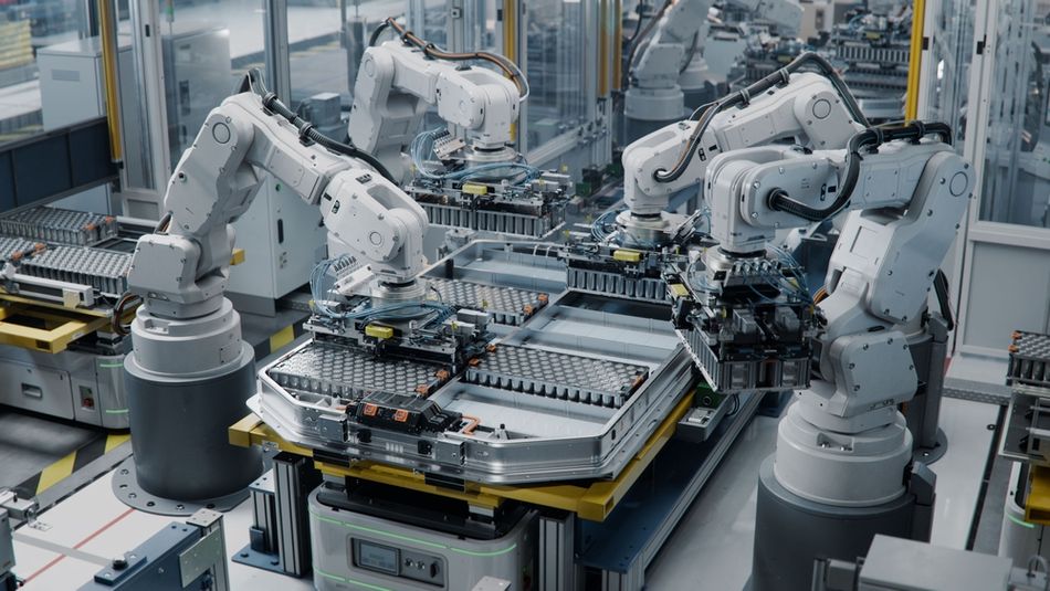 Industrial Robot Arms Assemble Lithium-Ion EV Battery Pack