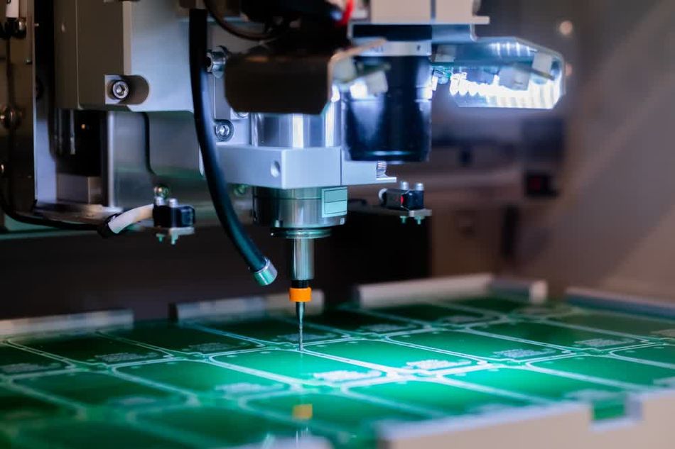 A mechanical drill operating on a batch of PCBs