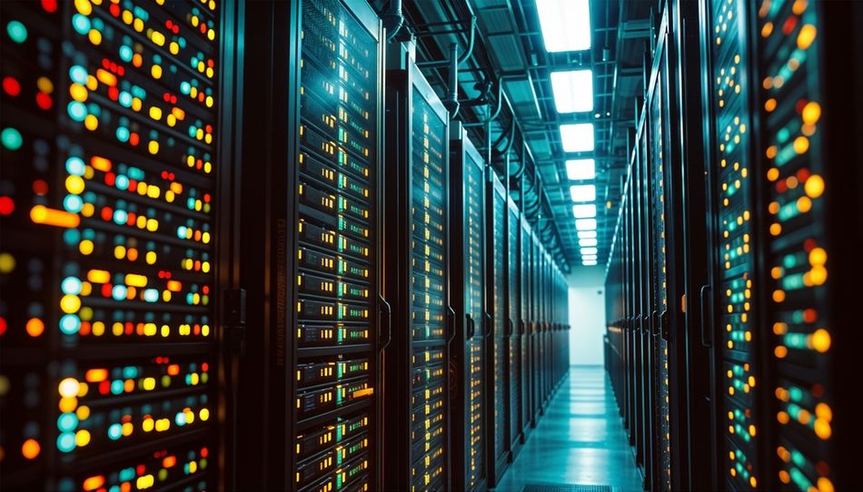 Data Center full of servers with blinking lights indicating constant processingData Center full of Servers with Blinking Lights indicating Constant Processing