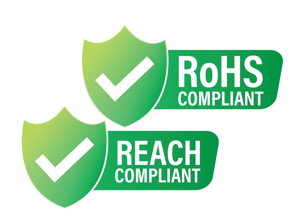 'REACH compliance' and RoHS compliant vector icon set with tick mark, green in color