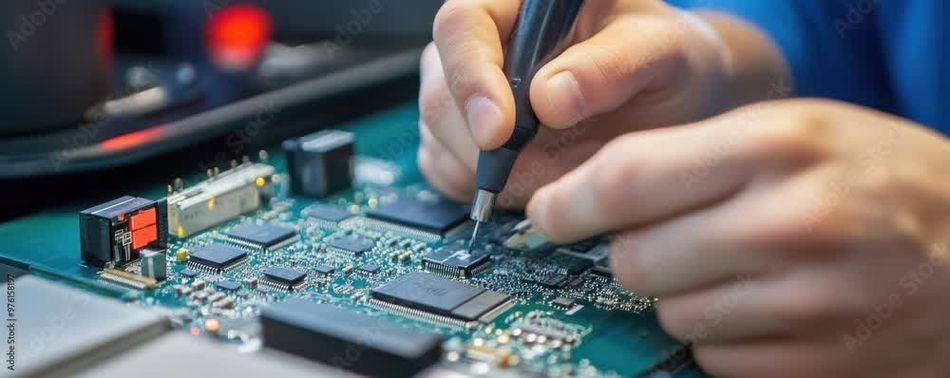 A quality control engineer performs a visual inspection for a PCB