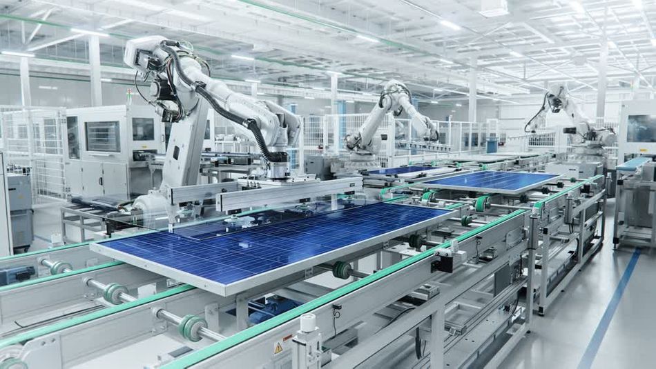 Wide shot of a modern solar panel production line, featuring robot arms assembling solar panels on a conveyor belt in a brightly lit factory