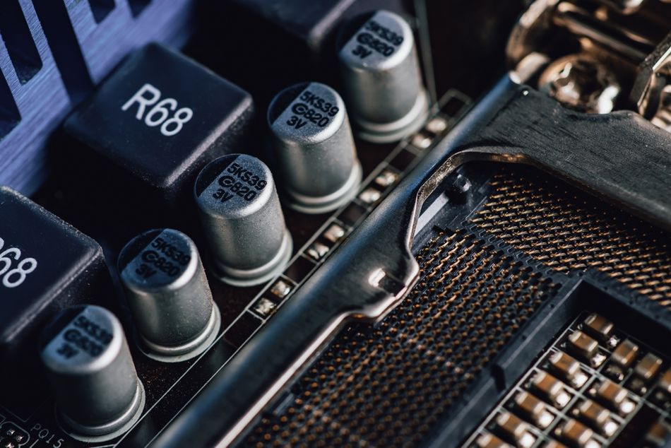 CPU Power Supply Circuit on the Motherboard, with MOSFETs, Capacitors, and Transistors