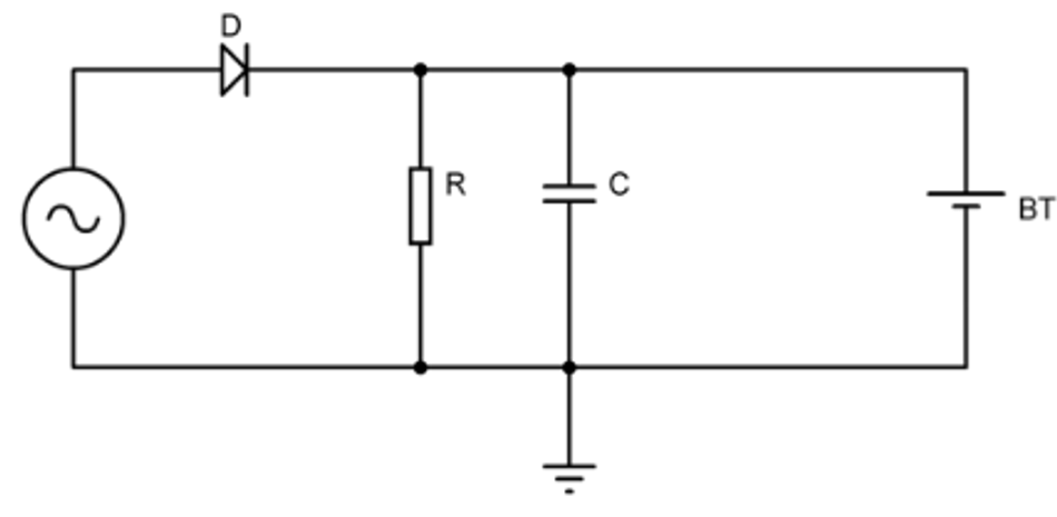 A rectifier circuit featuring an AC source, ground, and battery symbols along with others