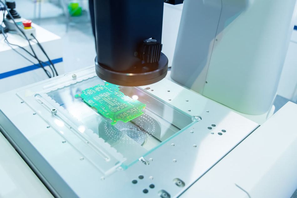 Close-up view of a green printed circuit board (PCB) undergoing automated optical inspection (AOI) on a high-precision machine. The PCB is placed under a microscope-like camera system that scans for structural defects, soldering issues, or misalignments. The setup is part of a clean, modern electronics manufacturing environment.