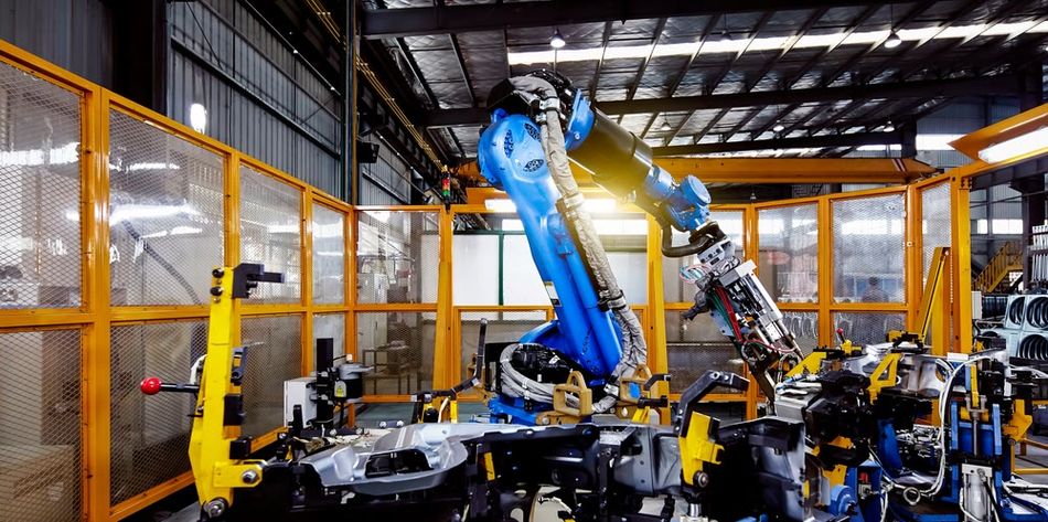 A robot operates inside a safety fence
