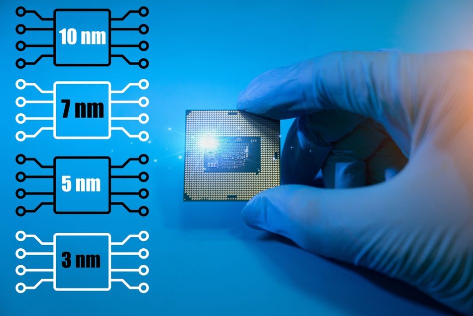An engineer holding a microprocessor developed using advanced nanometer technology, illustrating chip scaling from 10nm to 3nm. The image highlights semiconductor advancements relevant to 200 mm versus 300 mm wafer fabrication, comparing efficiency, density, and performance improvements for engineers.