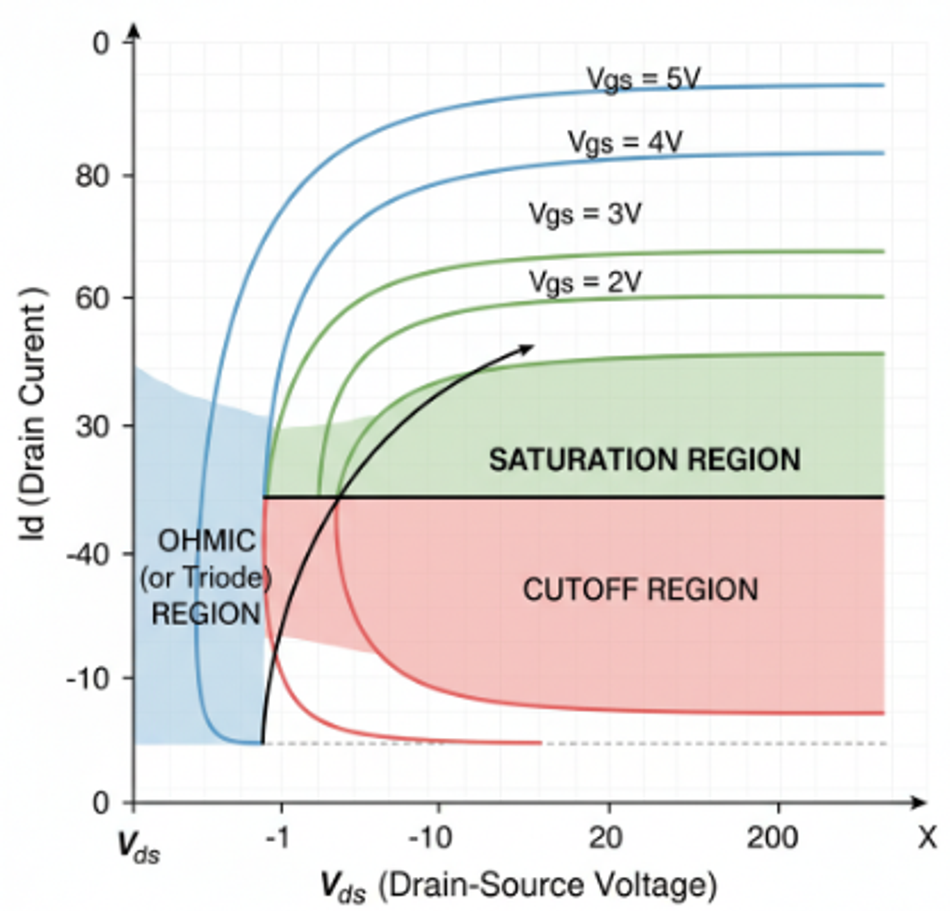 Ilustration of three operating regions of a MOSFET