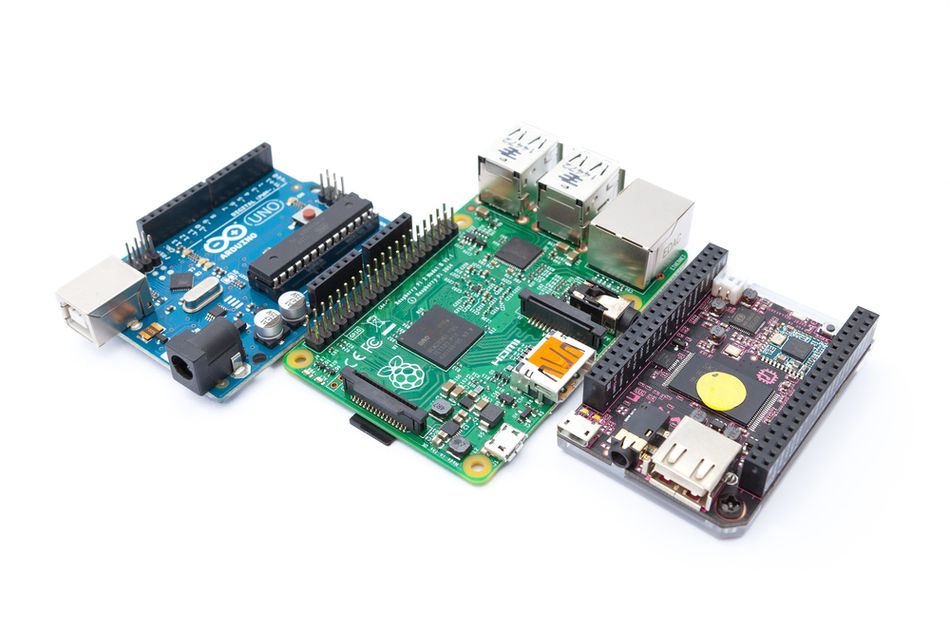 Three eduction oriented computer boards: Arduino on the left, Raspberry Pi in the middle, and C.H.I.P single board computer on the right.