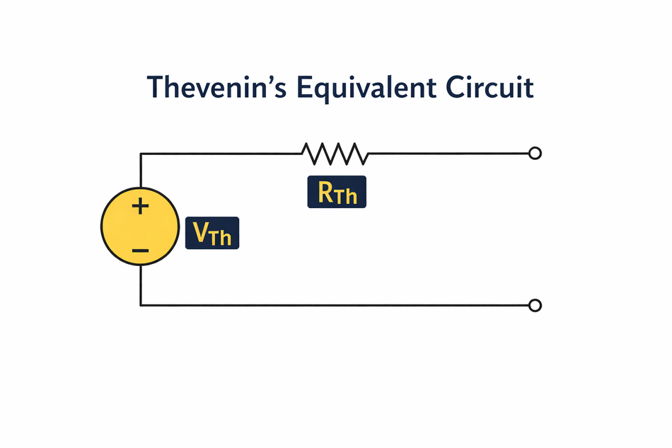 Thevenin's Equivalent circuit showng Thevenin Voltage in series with Thevenin resistance.