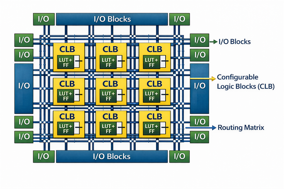 FPGA Architecture showing CLBs, Routing, and I/O Blocks