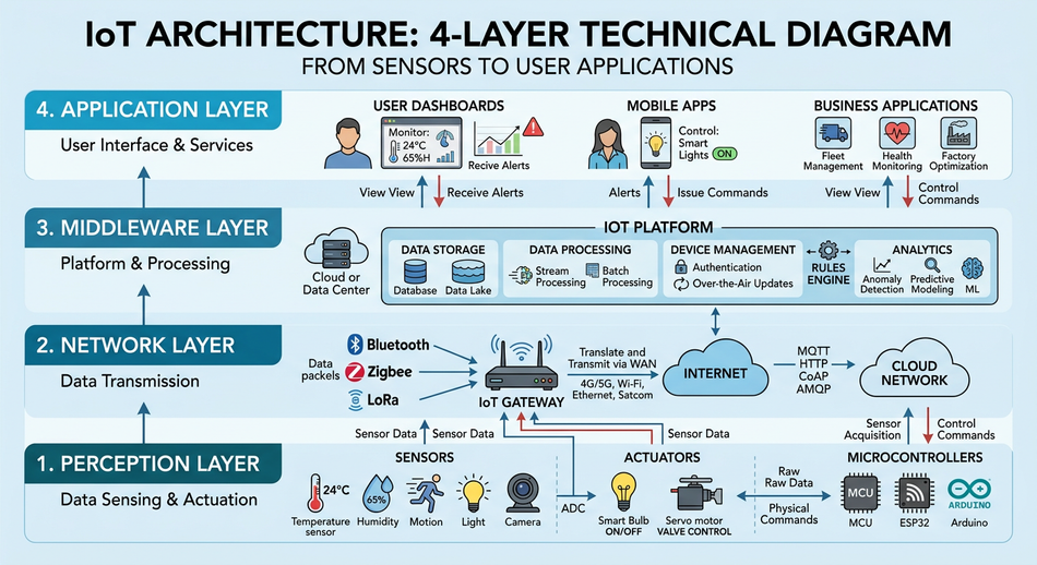 IoT architecture showing 4 Layers: From sensors to applications
