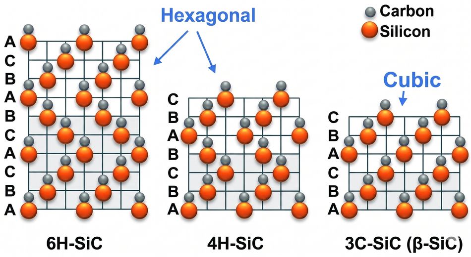 The Staking Sequences of SiC polytypes, 4H-SiC, 6H-SiC, and 3C-SiC