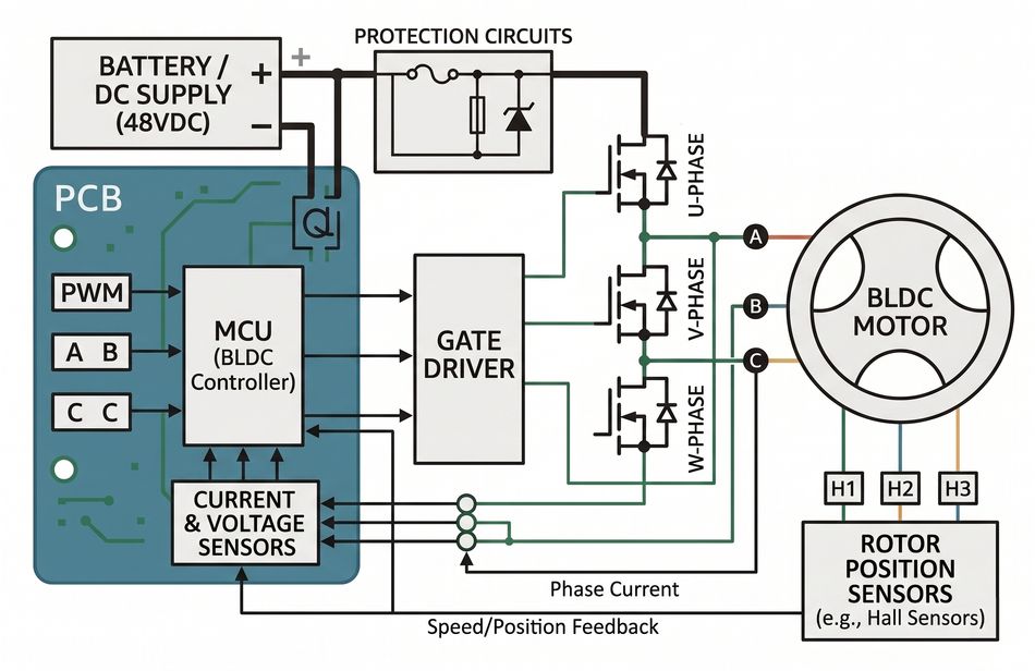Diagram - Basic Subsystems of a BLDC Motor Controller