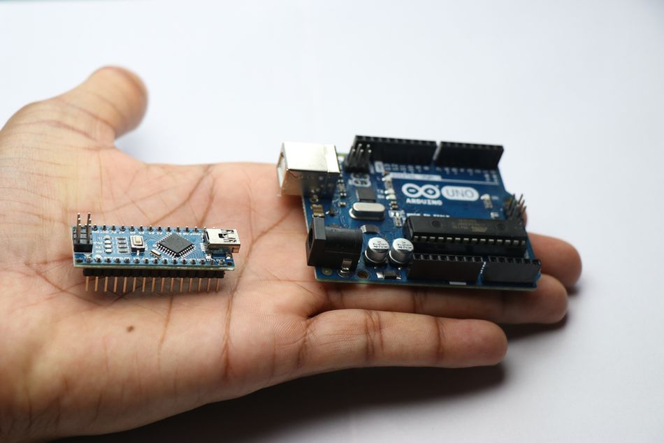 Arduino Nano form factor compared with a Uno board