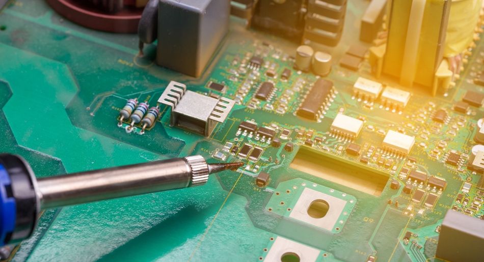 Close-up view of a technician using a fine-tip soldering iron to attach a small surface-mount microelectronic component to a printed circuit board (PCB), with molten solder forming a precise electrical connection between the component lead and copper pad.