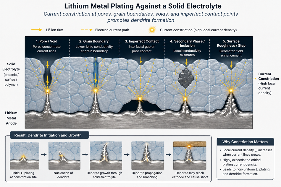 Dendrite formation is caused at imperfect contact points on Lithium metal plates
