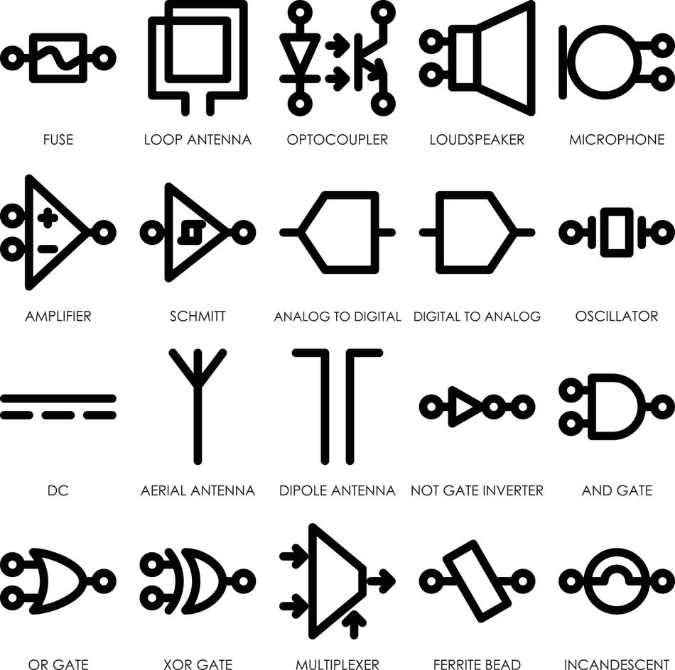 A grid of 20 black-and-white electronic schematic symbols with text labels, including an amplifier, Schmitt trigger, logic gates, and antennas.