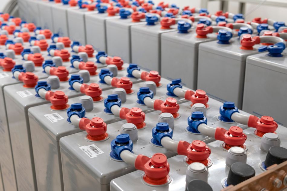 Batteries installed in a high-capacity energy storage room for a solar power plant